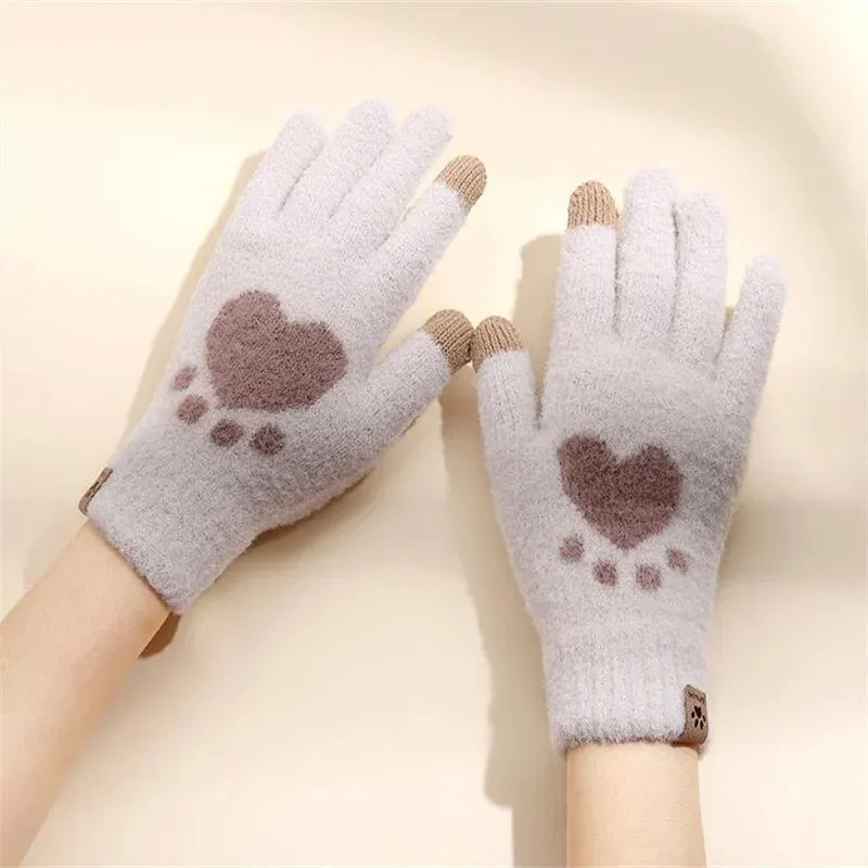 Plush Warm Gloves Soft Winter Thick Fingerless  Bear Gloves With Ropes