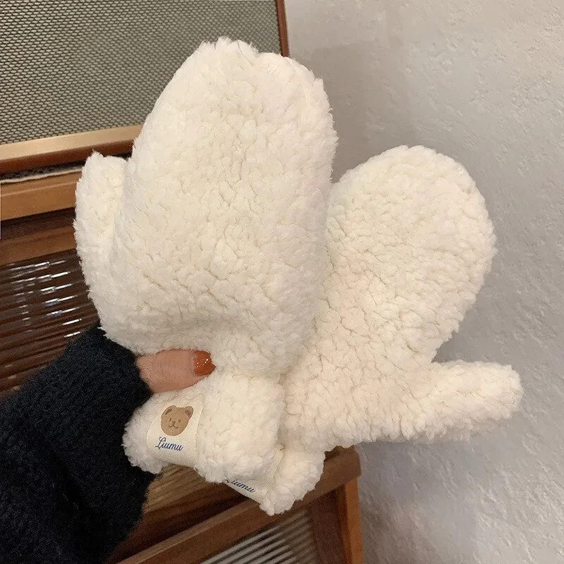 Plush Warm Gloves Soft Winter Thick Fingerless  Bear Gloves With Ropes