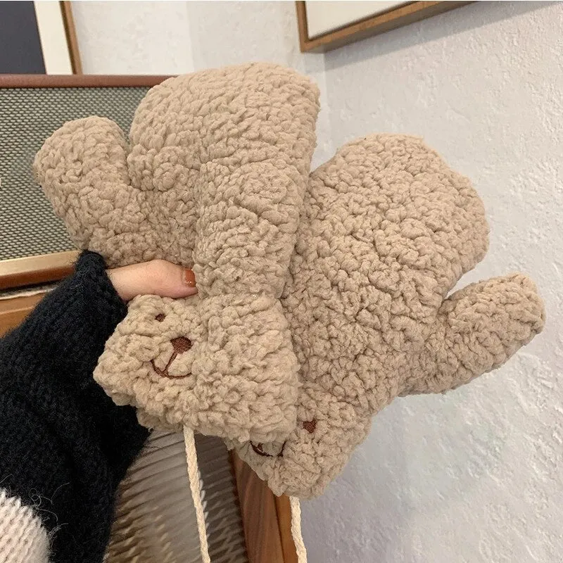 Plush Warm Gloves Soft Winter Thick Fingerless  Bear Gloves With Ropes