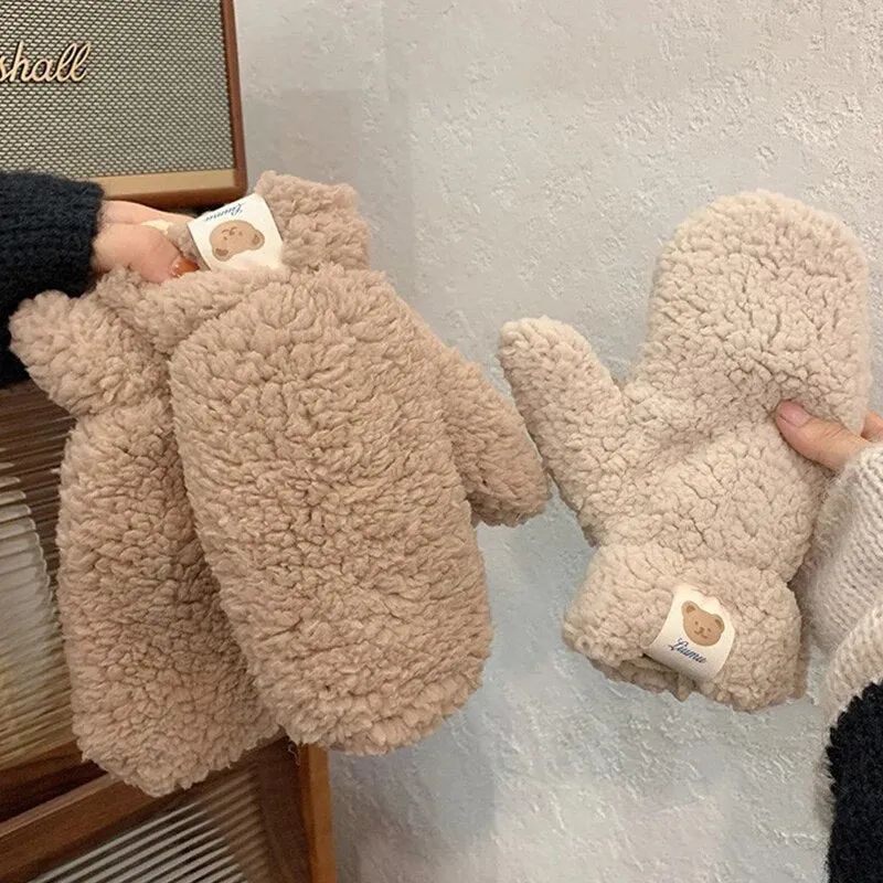 Plush Warm Gloves Soft Winter Thick Fingerless  Bear Gloves With Ropes