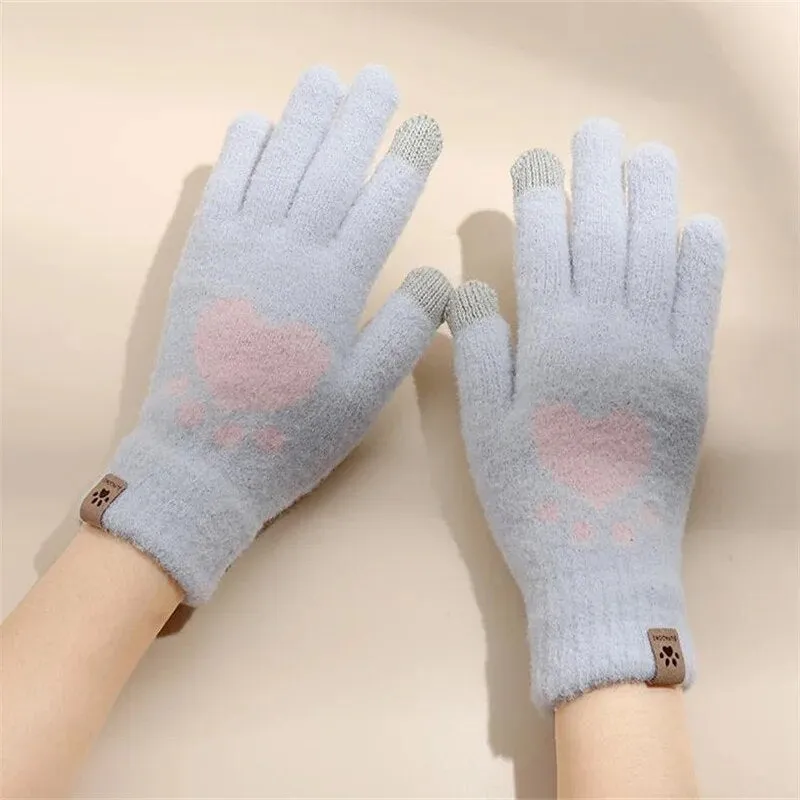 Plush Warm Gloves Soft Winter Thick Fingerless  Bear Gloves With Ropes