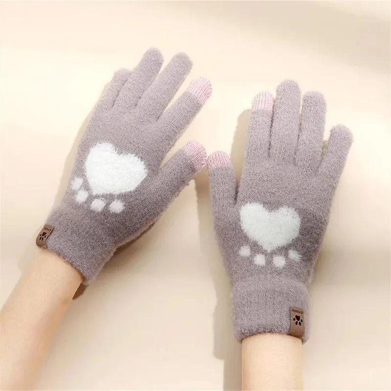 Plush Warm Gloves Soft Winter Thick Fingerless  Bear Gloves With Ropes