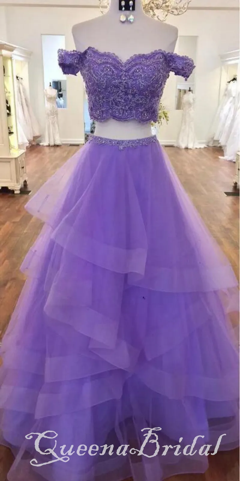 Purple Lace Appliques Off Shoulder Two Pieces A-line Layer Fluffy Evening Gown Maxi Long Evening Party Prom Dresses ,WGP1072