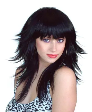 Retro Long Layered 70's Black Costume Wig Fancy Dress