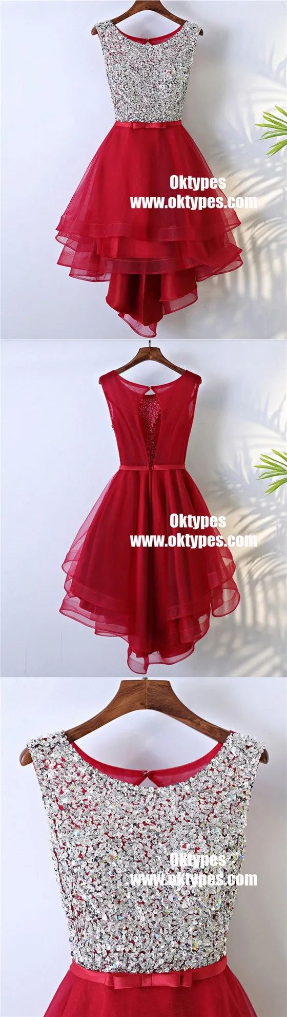 Rhinestone Sequin High Low Open Back Red Homecoming Prom Dresses, TYP0845