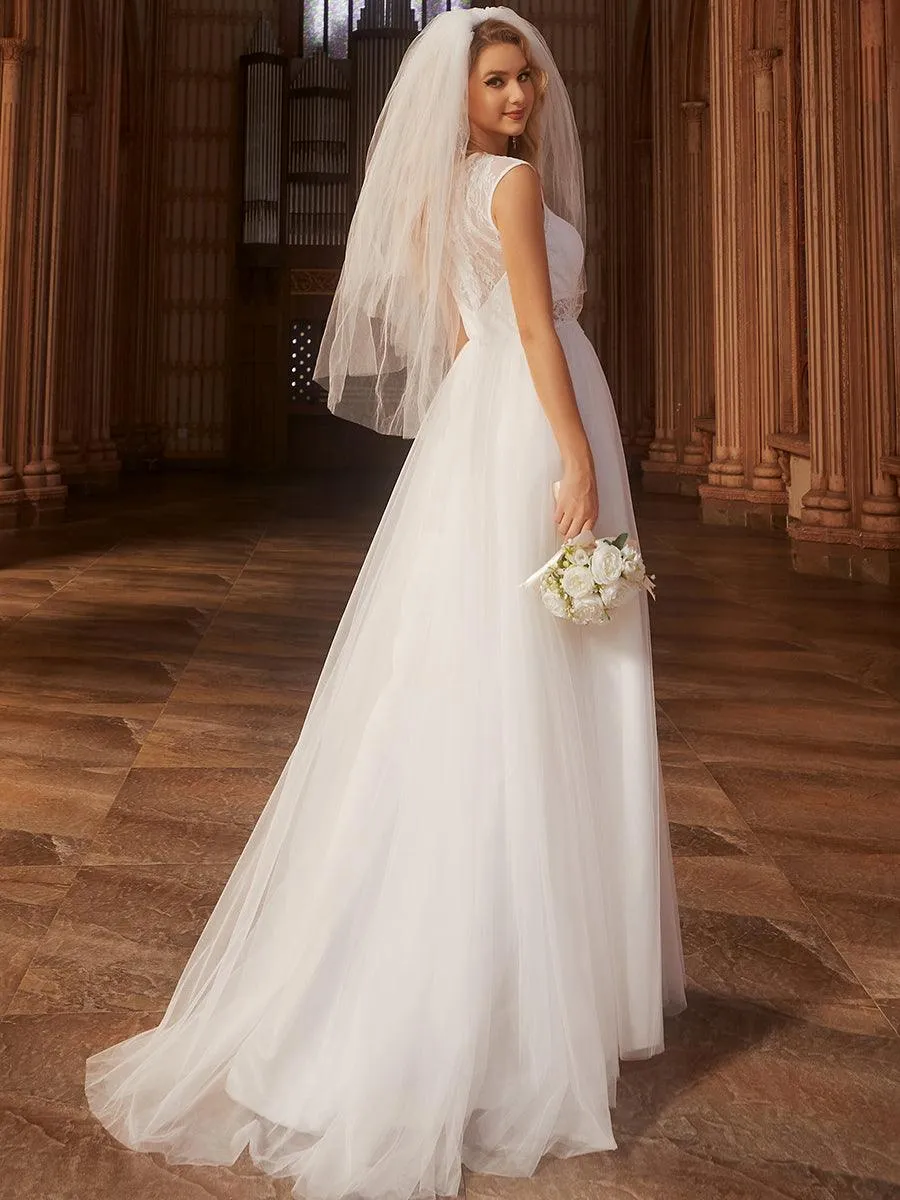 Robe de mariée trapèze romantique sans manches en dentelle transparente