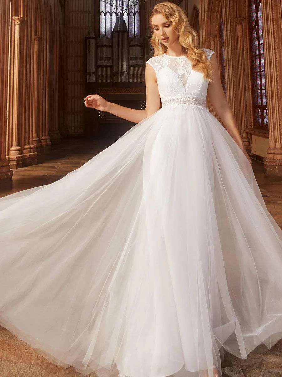 Robe de mariée trapèze romantique sans manches en dentelle transparente