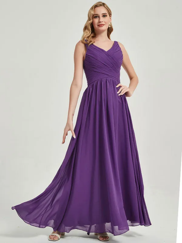 Royal Purple Wide Straps Sleeveless V-Neck Pleated Bridesmaid Dress