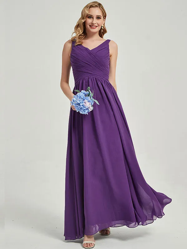 Royal Purple Wide Straps Sleeveless V-Neck Pleated Bridesmaid Dress