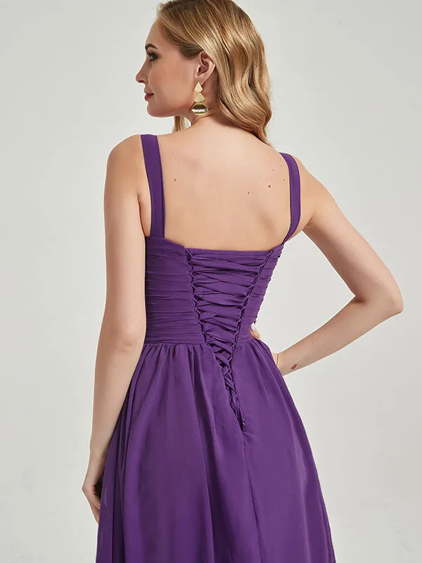 Royal Purple Wide Straps Sleeveless V-Neck Pleated Bridesmaid Dress