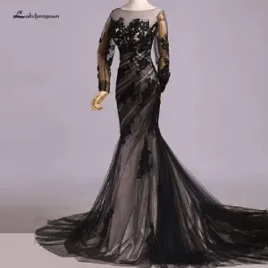 Roycebridal Black Long Sleeve Mermaid Wedding Dress Lace Sexy