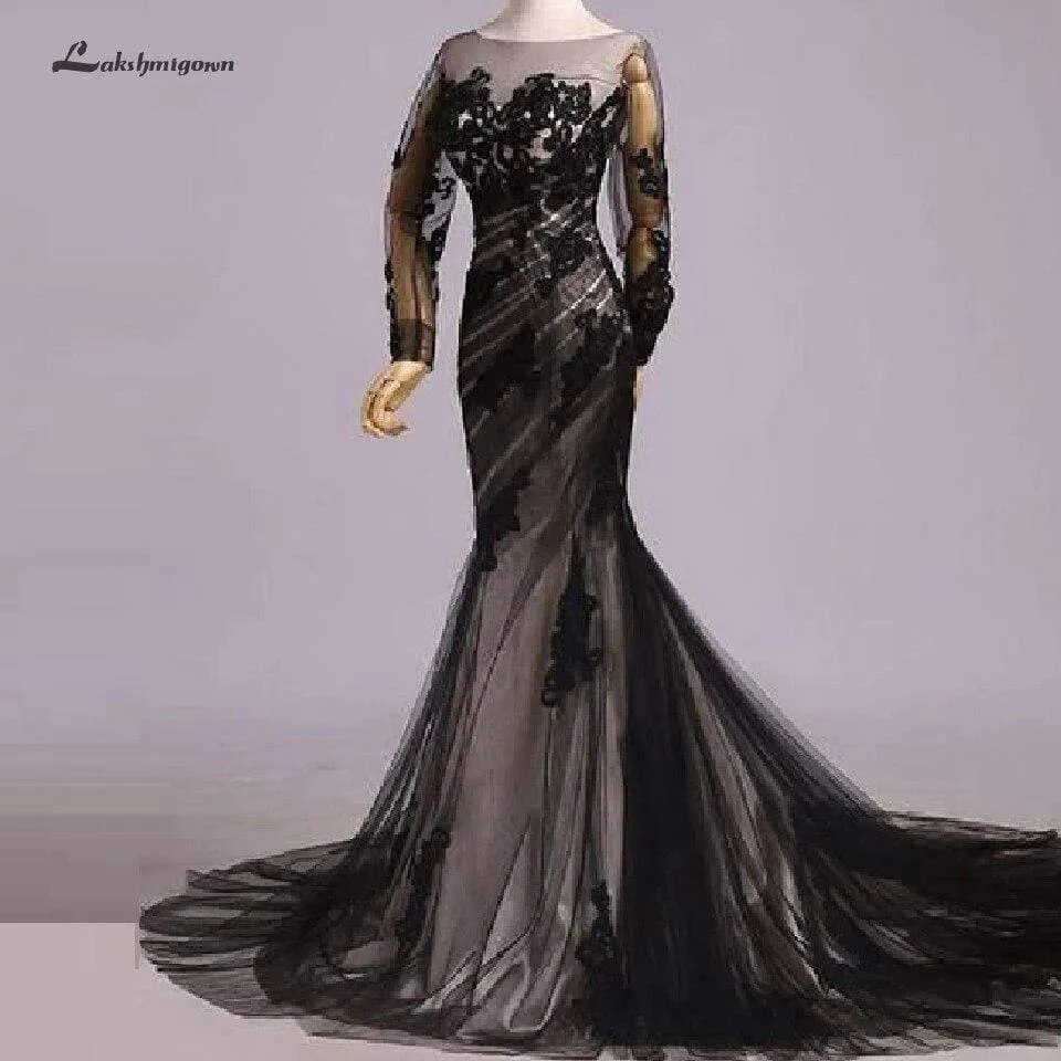 Roycebridal Black Long Sleeve Mermaid Wedding Dress Lace Sexy