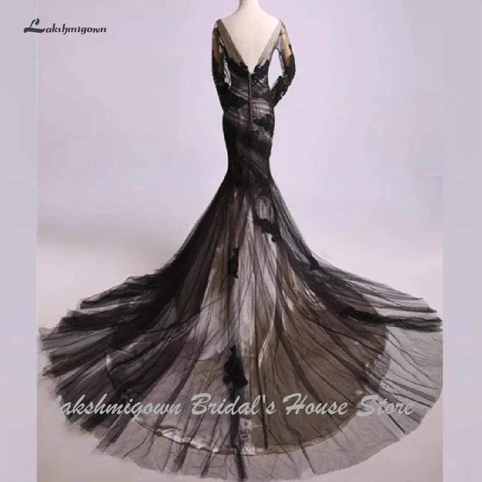 Roycebridal Black Long Sleeve Mermaid Wedding Dress Lace Sexy