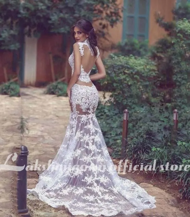 Roycebridal Sexy Transparent Wedding Dresses High Neck Mermaid Lace