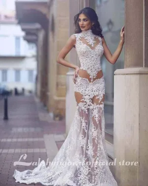 Roycebridal Sexy Transparent Wedding Dresses High Neck Mermaid Lace