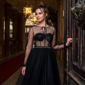 Roycebridal Sheer Illusion Gothic Black Wedding Dress Long Bridal