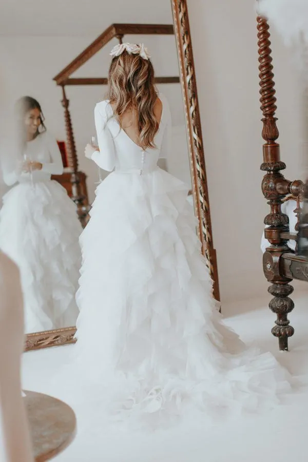 Roycebridal Simple Long Sleeve Ivory White Wedding Dresses with Ruffle Skirt,MW497