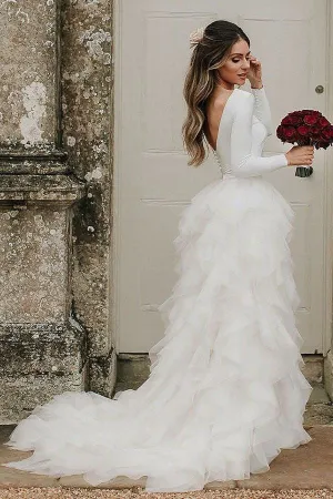 Roycebridal Simple Long Sleeve Ivory White Wedding Dresses with Ruffle Skirt,MW497