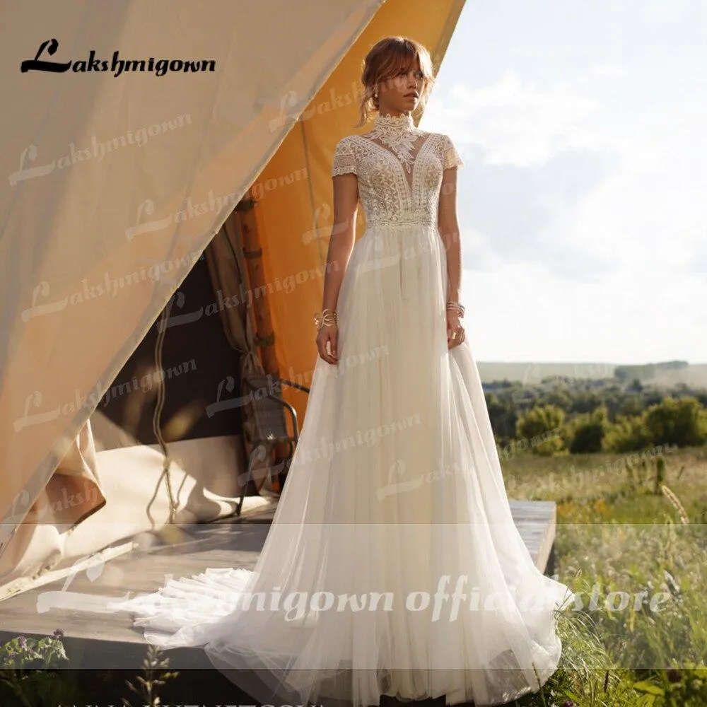 Roycebridal Wedding Dress Lace Tulle High Neck Cap Sleeves A Line