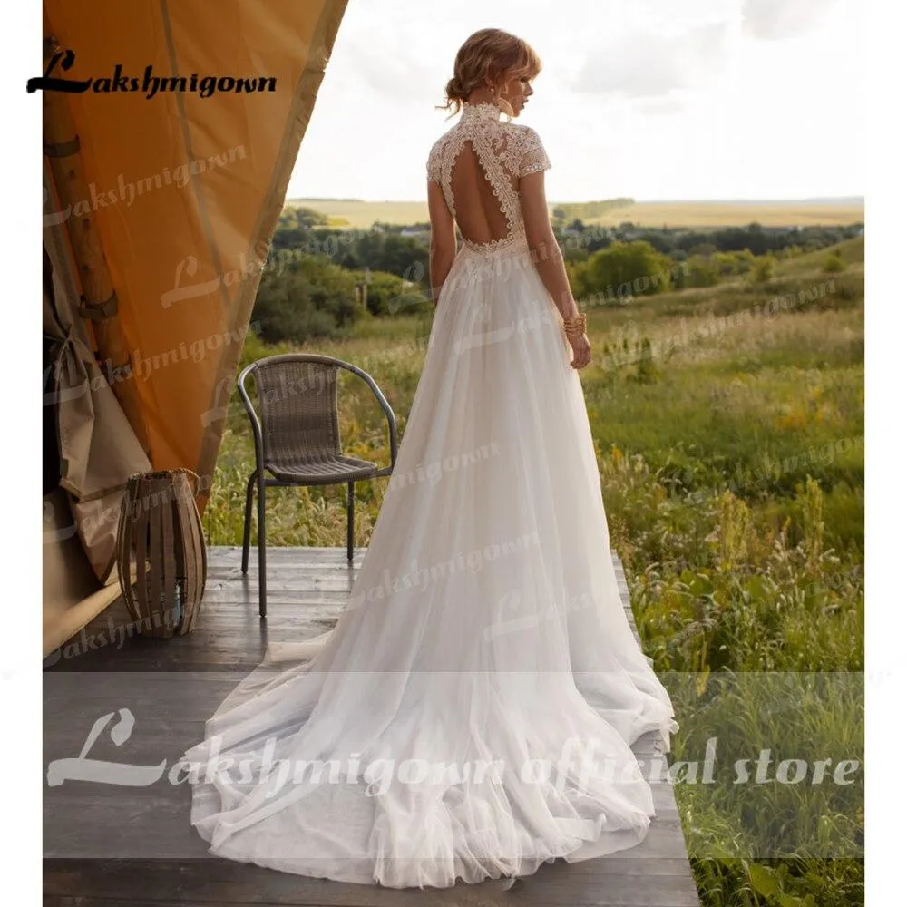 Roycebridal Wedding Dress Lace Tulle High Neck Cap Sleeves A Line
