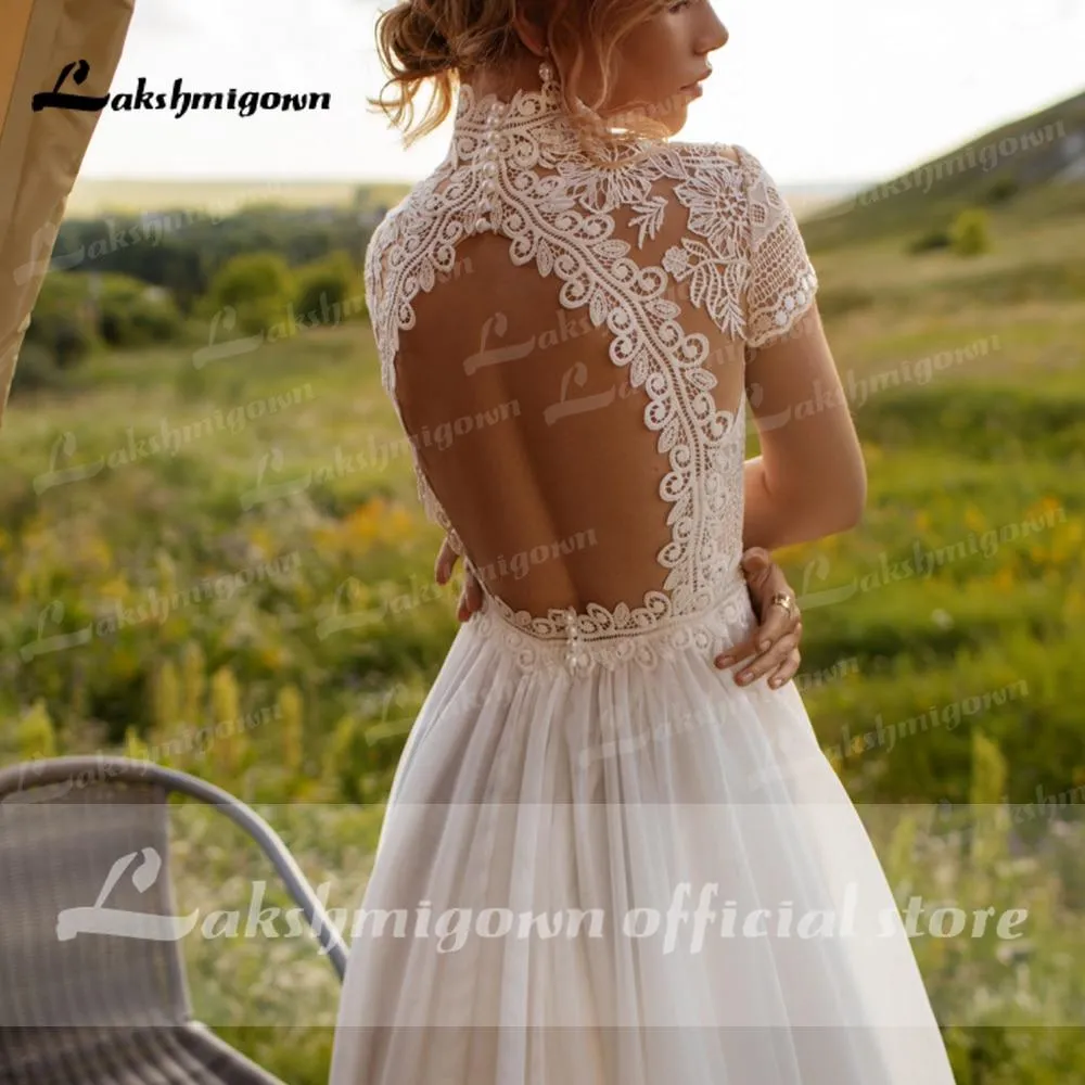 Roycebridal Wedding Dress Lace Tulle High Neck Cap Sleeves A Line