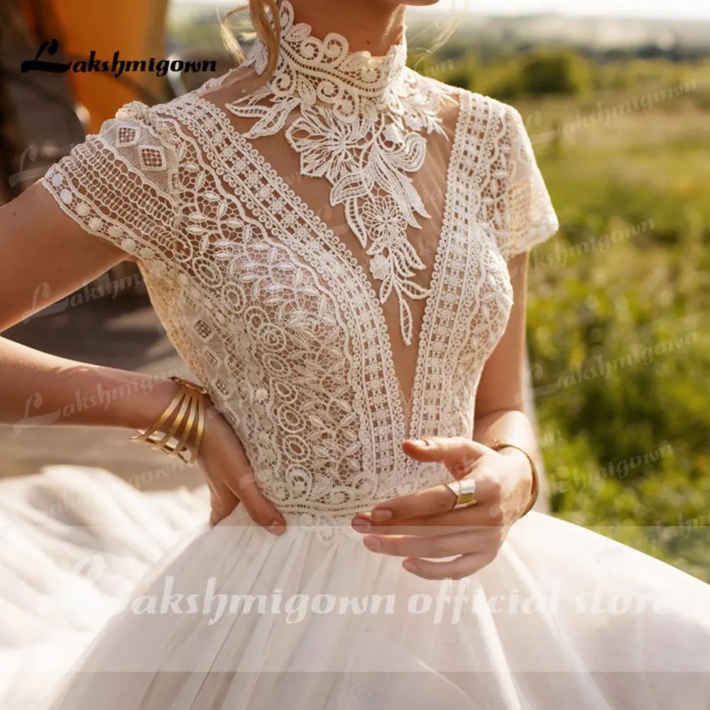 Roycebridal Wedding Dress Lace Tulle High Neck Cap Sleeves A Line