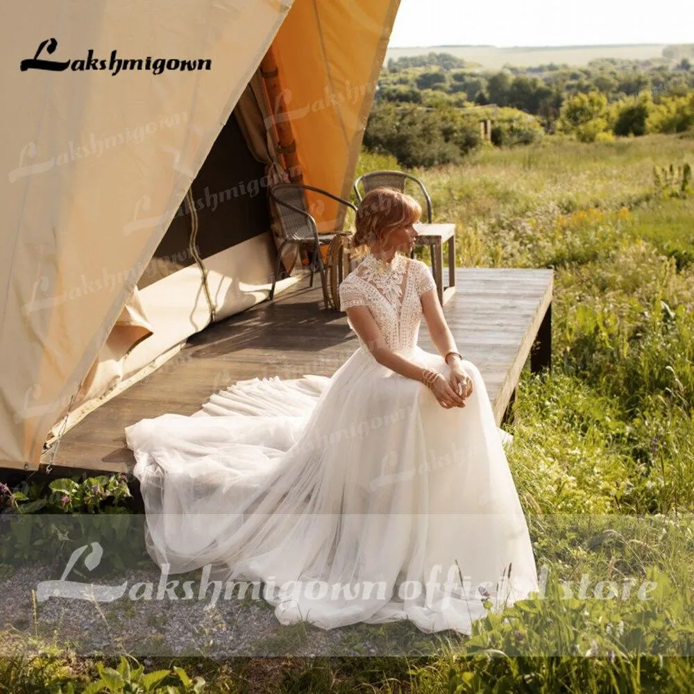 Roycebridal Wedding Dress Lace Tulle High Neck Cap Sleeves A Line