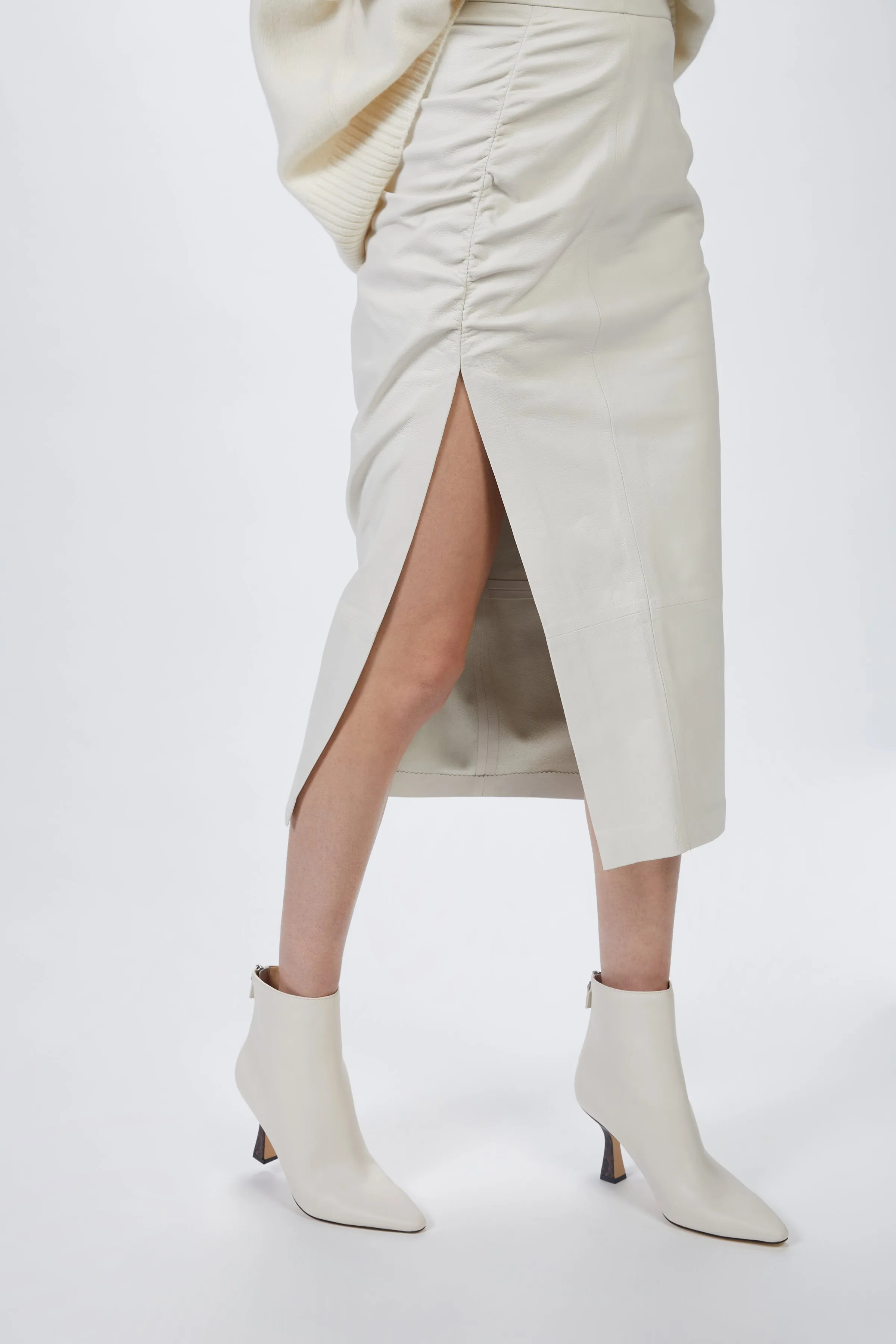RUCHED MIDI SKIRT WITH SLIT