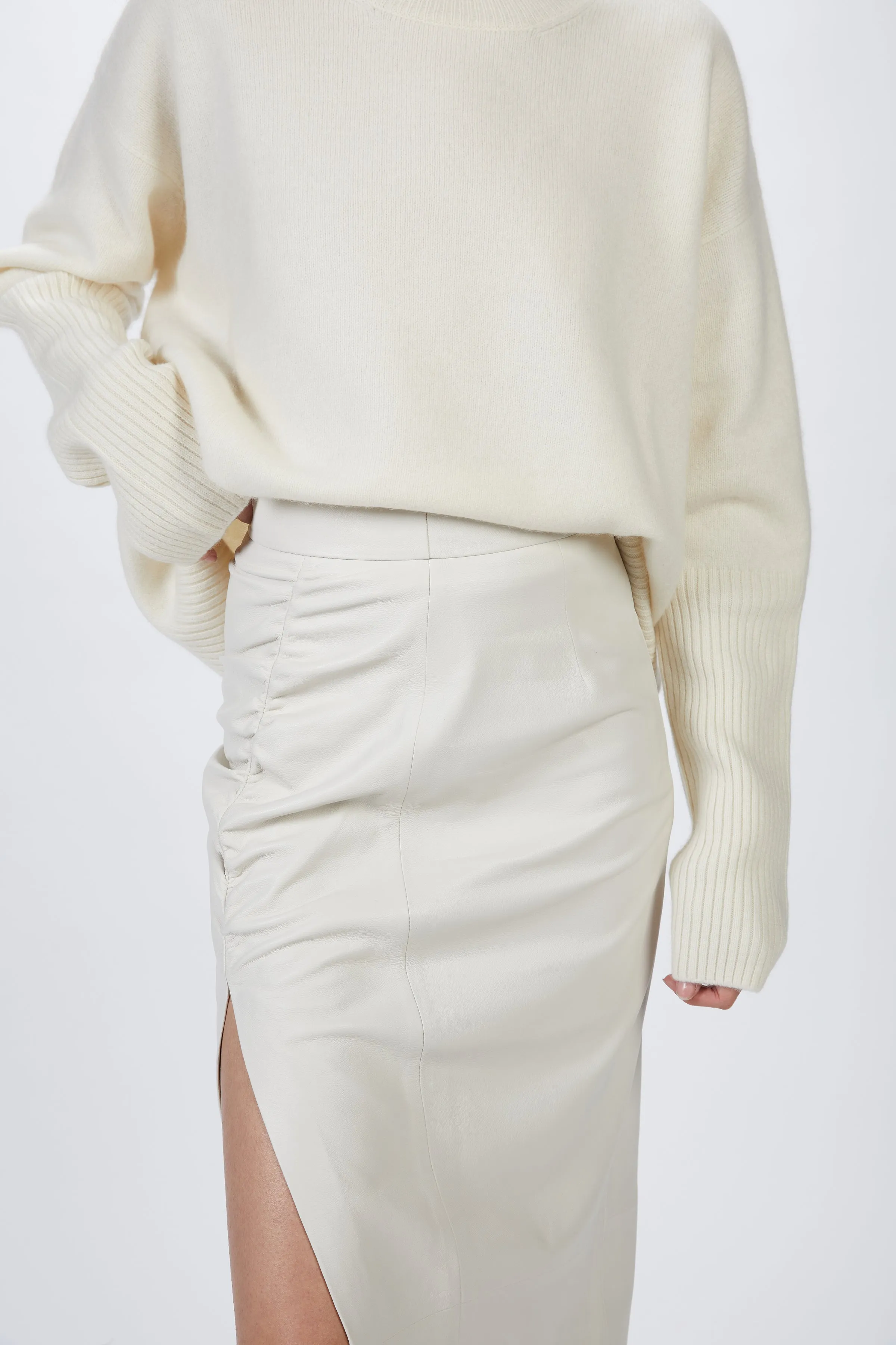 RUCHED MIDI SKIRT WITH SLIT
