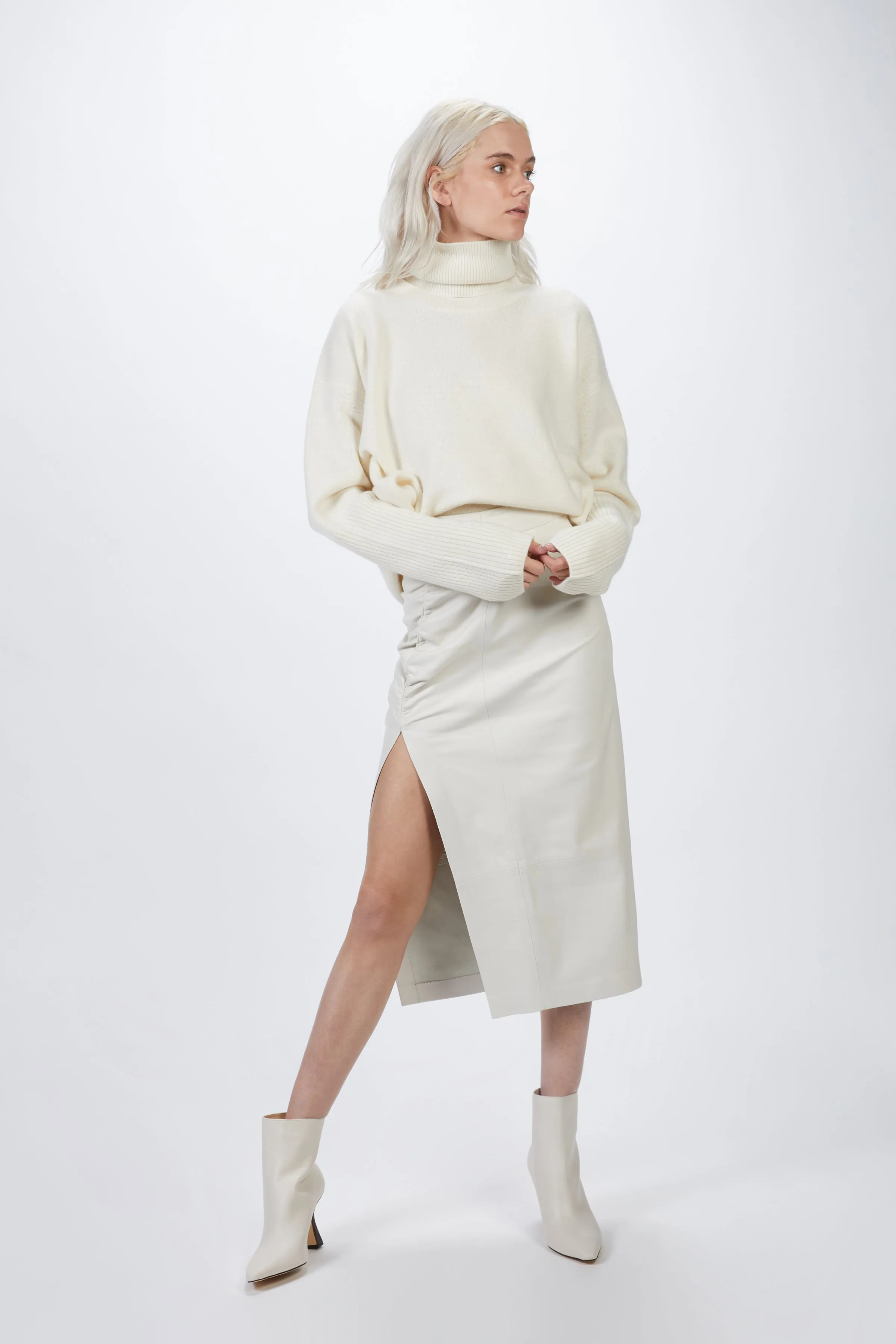 RUCHED MIDI SKIRT WITH SLIT