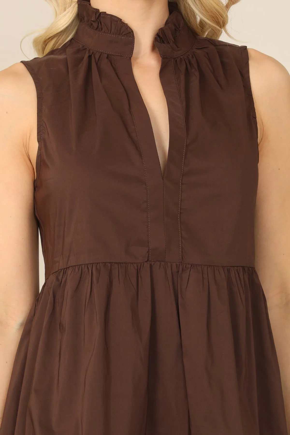 RUFFLE NOTCH HIGH NECK SLEEVELESS TIERED MINI DRESS