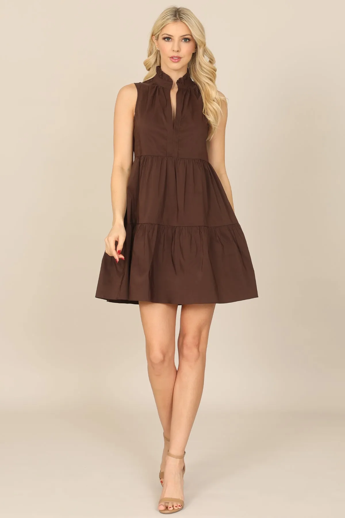 RUFFLE NOTCH HIGH NECK SLEEVELESS TIERED MINI DRESS