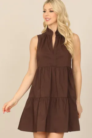 RUFFLE NOTCH HIGH NECK SLEEVELESS TIERED MINI DRESS