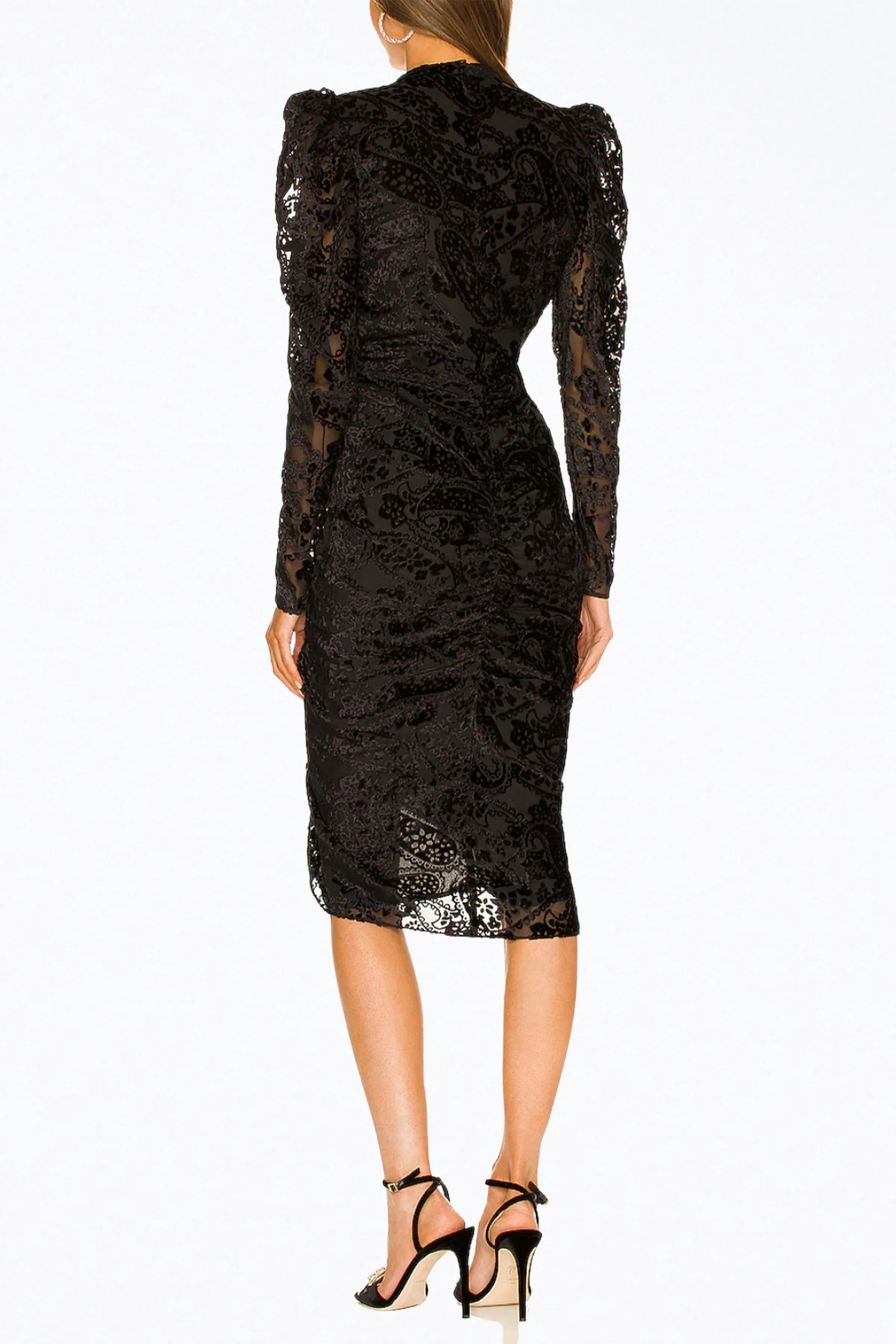 SADE RUCHED VELVET-JACQUARD MIDI DRESS