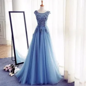 Scoop Neckline Blue Appliques Long A-line Tulle Elegant Prom Dresses, BG0280
