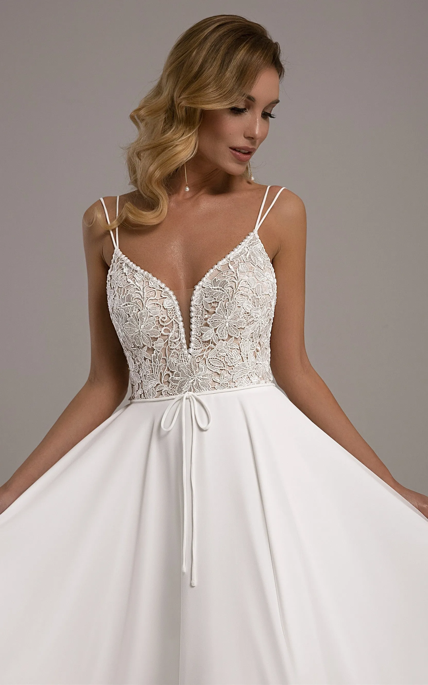 Sexy A-Line Plunging Neck Chiffon and Lace Court Train Wedding Dress-716418