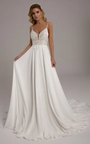 Sexy A-Line Plunging Neck Chiffon and Lace Court Train Wedding Dress-716418