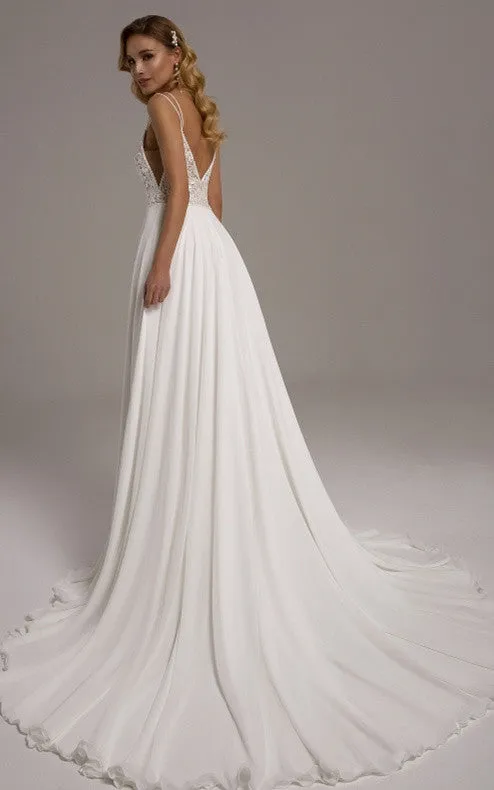 Sexy A-Line Plunging Neck Chiffon and Lace Court Train Wedding Dress-716418