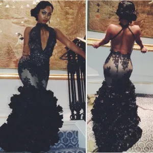 Sexy Black Lace Prom Dresses Backless Sleeveless High-Neck Dress