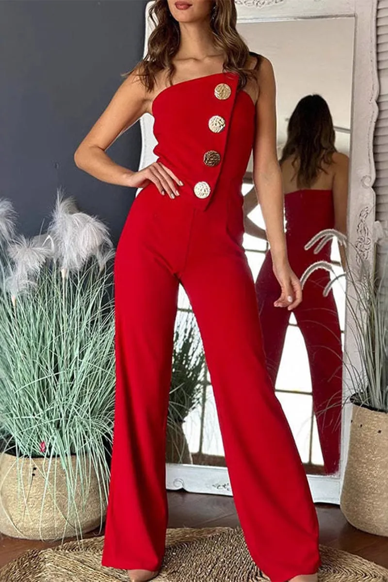 Sexy Buttons Irregular Strapless Regular Jumpsuits(6 Colors)