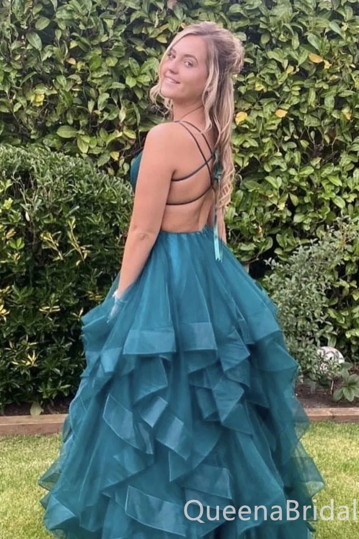 Sexy Green V-neck Lace Up Back Evening Gown Maxi Long Formal Dresses Prom Dresses with Ruffles,WGP936