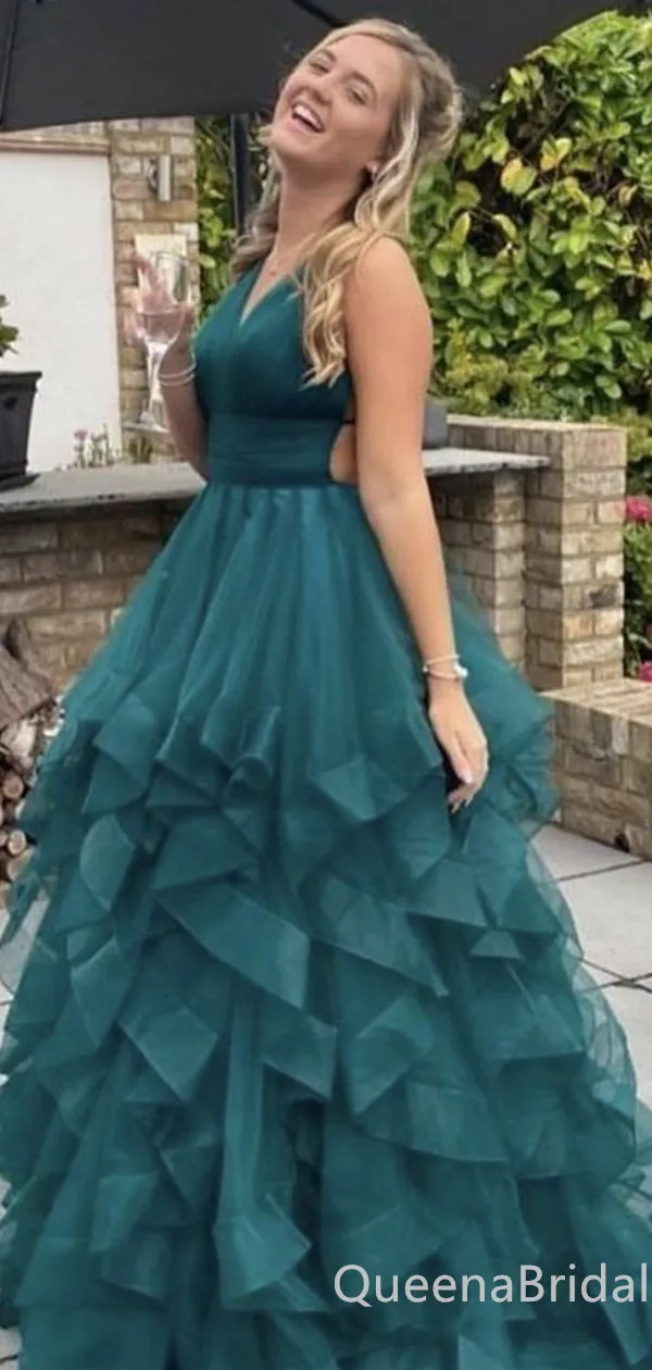 Sexy Green V-neck Lace Up Back Evening Gown Maxi Long Formal Dresses Prom Dresses with Ruffles,WGP936