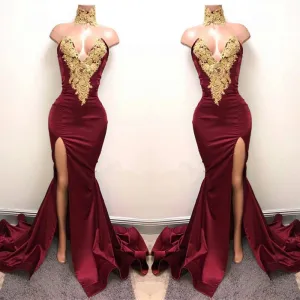 Sexy Mermaid Front-Split Lace High Neck Burgundy Prom Dresses