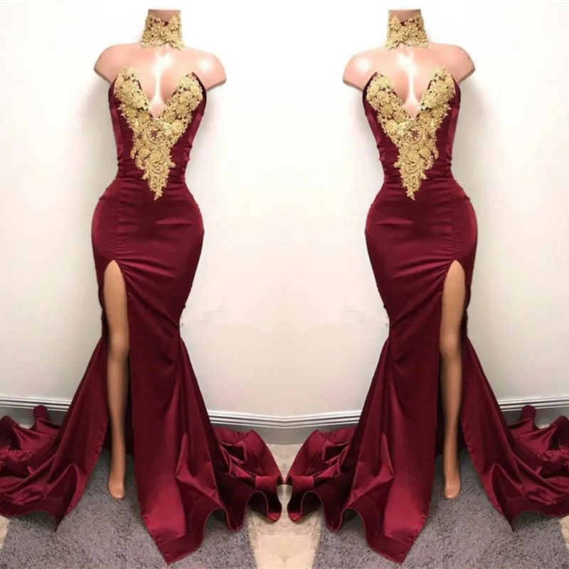 Sexy Mermaid Front-Split Lace High Neck Burgundy Prom Dresses
