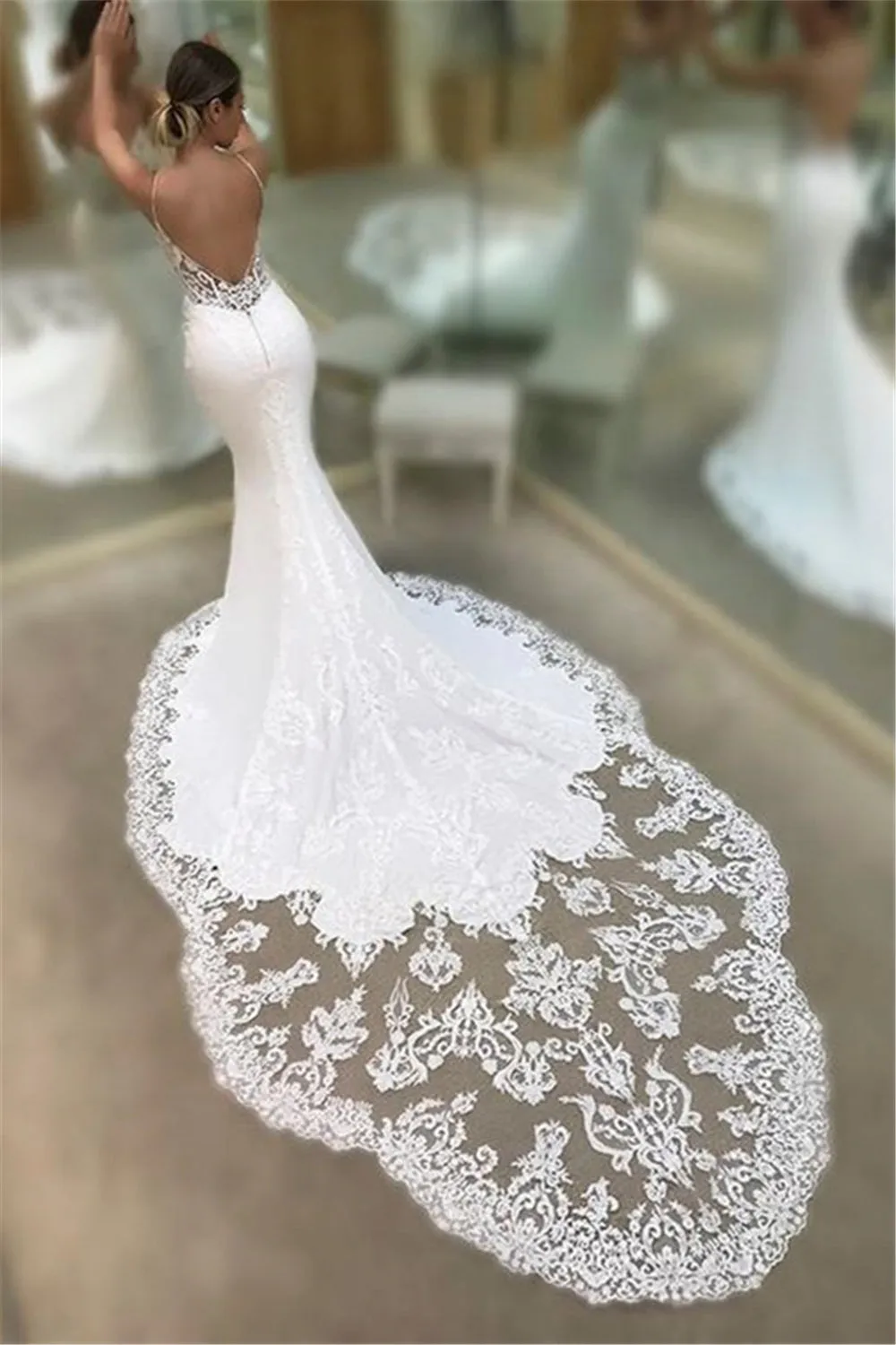 Sexy Plunging Spaghetti Lace Bodice Bridal Gown With Cathedral Train-715819