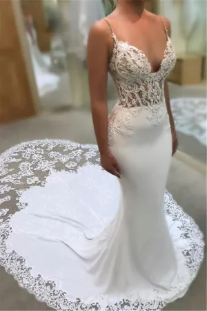 Sexy Plunging Spaghetti Lace Bodice Bridal Gown With Cathedral Train-715819