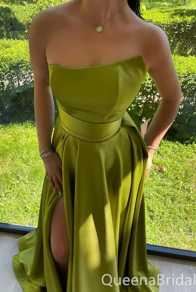 Sexy Strapless High Slit Green A-line Evening Gown Long Prom Dresses with Pleats ,WGP690
