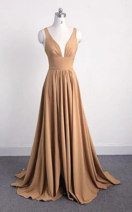 Sexy V-neckline Champagne Slit Bridesmaid Dress