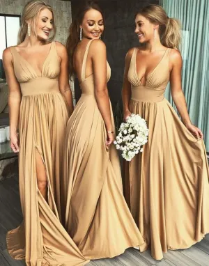 Sexy V-neckline Champagne Slit Bridesmaid Dress