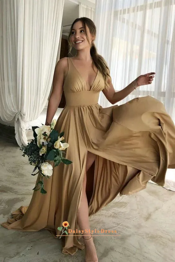 Sexy V-neckline Champagne Slit Bridesmaid Dress